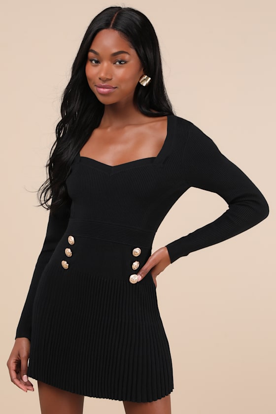 Chicest Crush Black Ribbed Long Sleeve Mini Sweater Dress #Color_Black