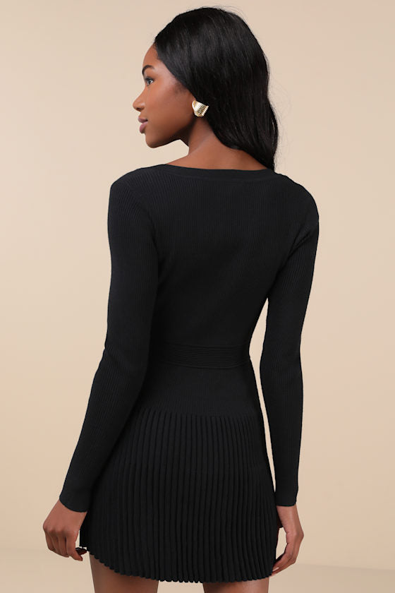 Chicest Crush Black Ribbed Long Sleeve Mini Sweater Dress #Color_Black