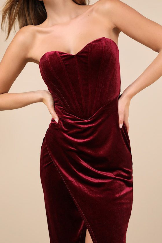 Masterfully Flirty Dark Blue Velvet Bustier Midi Dress