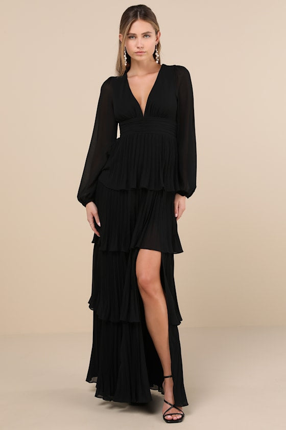 Graceful Finesse Black Pleated Long Sleeve Maxi Dress #Color_Black