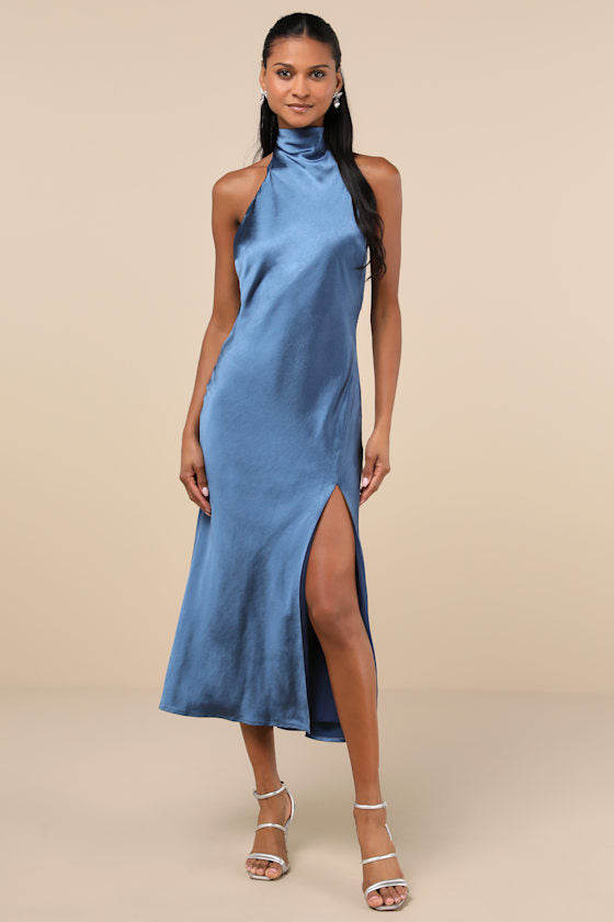 Exceptional Status Blue Halter Backless Slip Midi Dress #Color_Blue
