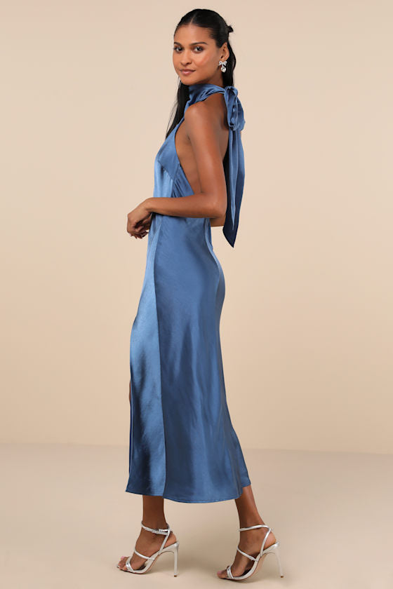 Exceptional Status Blue Halter Backless Slip Midi Dress #Color_Blue