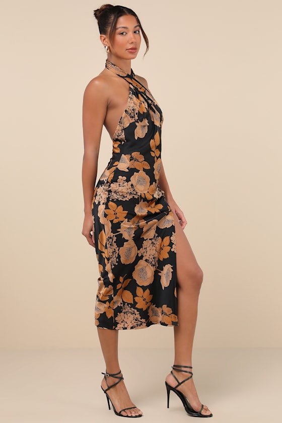 Beyond Classy Black Multi Abstract Print Satin Halter Midi Dress
