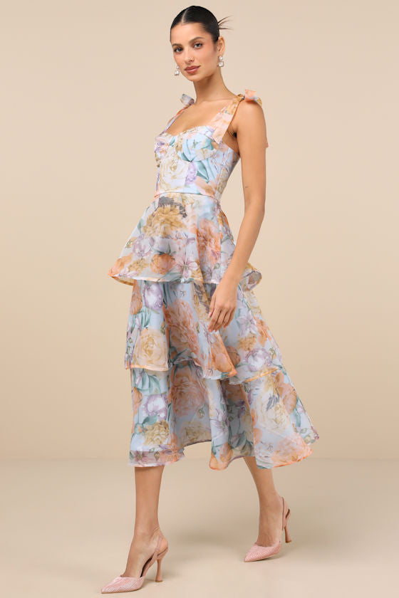 Playfully Posh Blue Floral Organza Tie-Strap Tiered Midi Dress #Color_Blue Floral