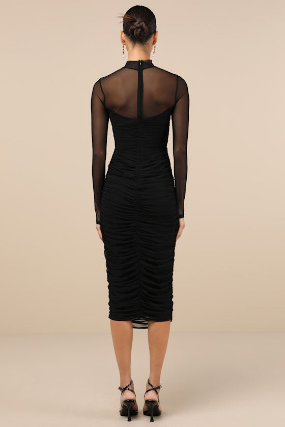 Impressive Flirt Dusty Purple Mesh Ruched Mock Neck Midi Dress