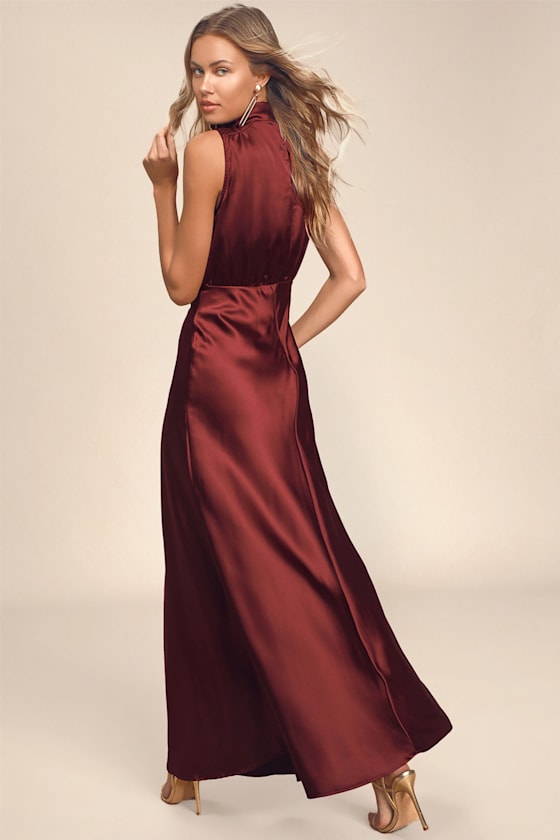 Classic Elegance Wine Satin Maxi Dress #Color_Wine