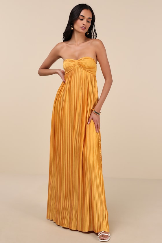 Whimsical Beauty Golden Yellow Satin Plisse Strapless Maxi Dress #Color_Golden Yellow