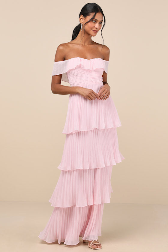 Always Remarkable Rusty Rose Pleated Off-the-Shoulder Maxi Dress