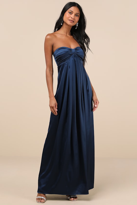 Memorable Entrance Dark Blue Strapless Satin Maxi Dress #Color_Dark Blue