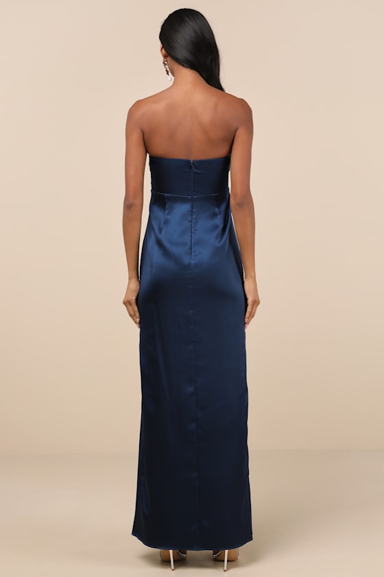 Memorable Entrance Dark Blue Strapless Satin Maxi Dress #Color_Dark Blue