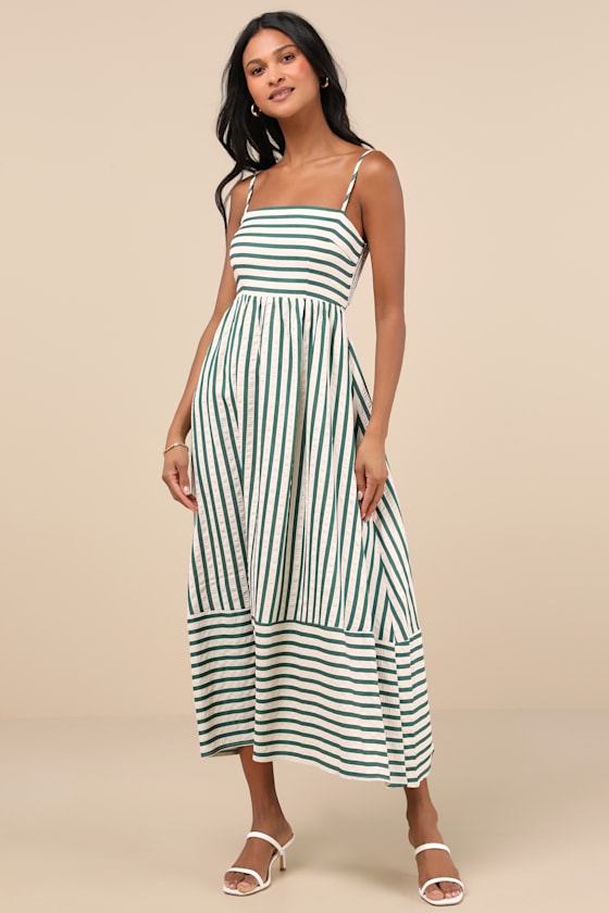 Exceptionally Pristine Green and Cream Striped Cutout Midi Dress #Color_Green and Cream Striped