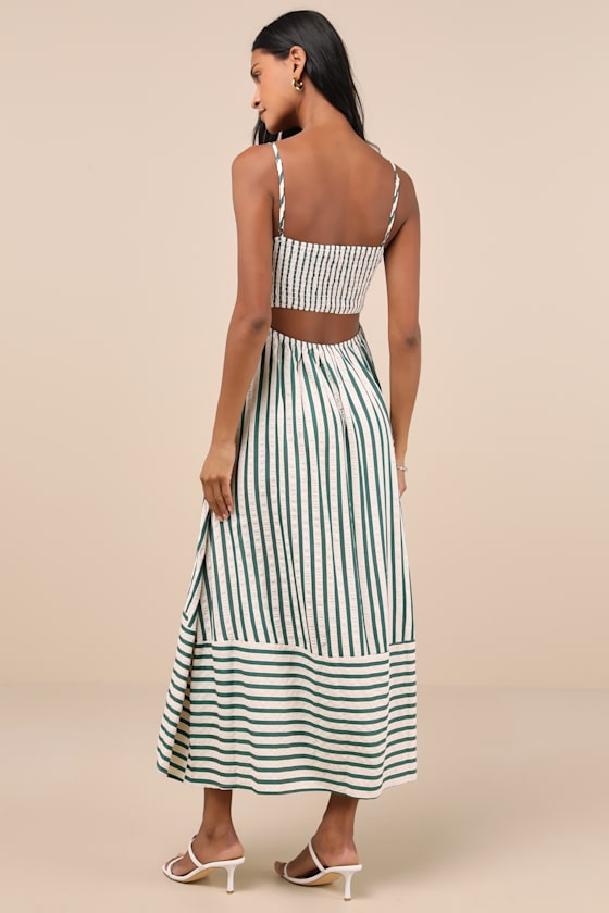 Exceptionally Pristine Green and Cream Striped Cutout Midi Dress #Color_Green and Cream Striped