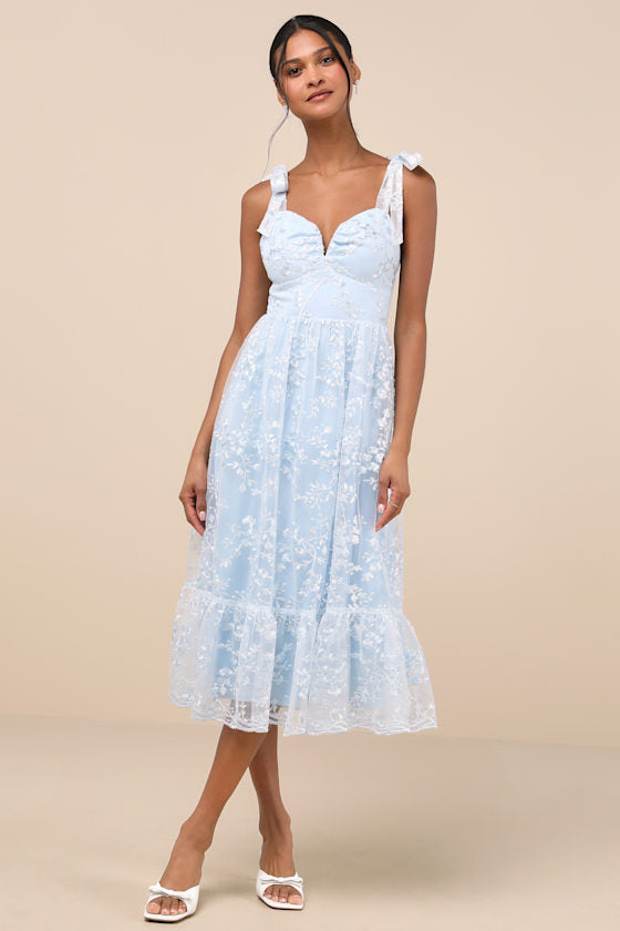 Distinctly Sweet Blue Floral Embroidered Tie-Strap Midi Dress #Color_Blue