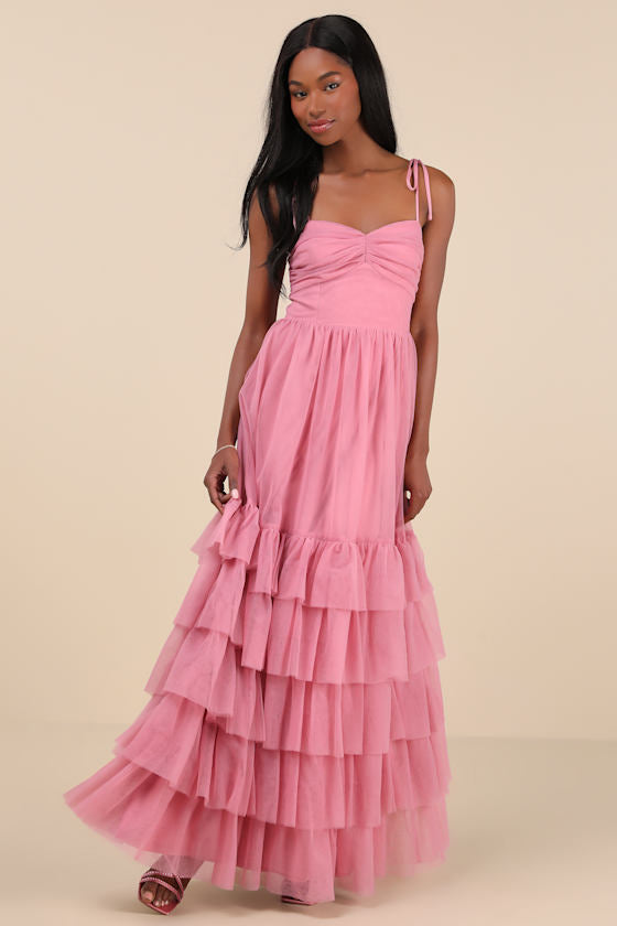 Endlessly Darling Dusty Rose Mesh Tiered Tie-Strap Maxi Dress #Color_Dusty Rose