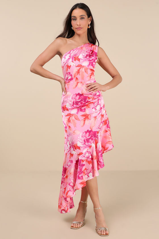 Divinely Blooming Pink Multi Floral One-Shoulder Midi Dress #Color_Pink Multi Floral