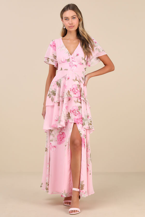 Midnight Mood Pink Floral Print Tiered Maxi Dress #Color_Pink Floral Print