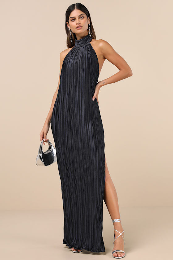 Gwenny Dark Navy Satin Plisse Maxi Dress #Color_Dark Navy