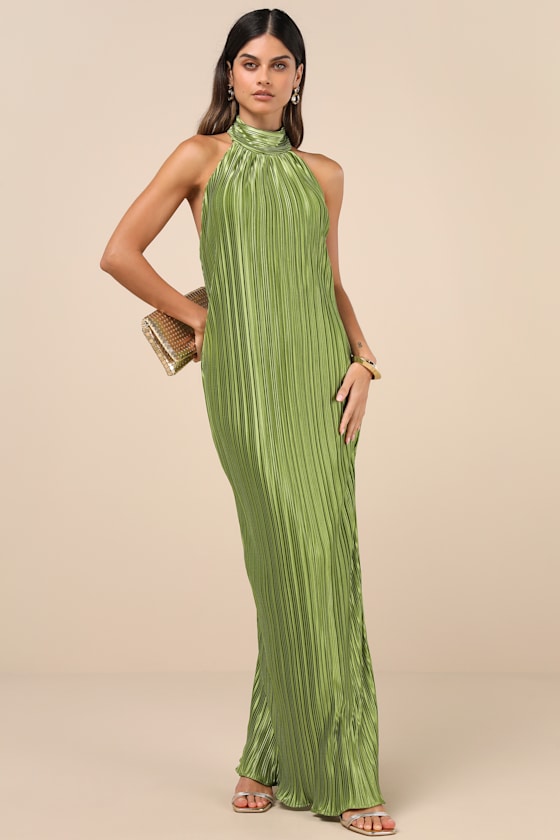 Gwenny Lime Green Satin Plisse Maxi Dress #Color_Lime Green