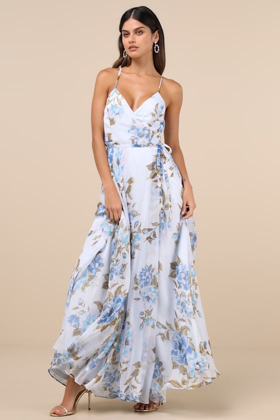 Oh-So Romantic Pale Blue Floral Print Sleeveless Wrap Maxi Dress #Color_Pale Blue Floral Print