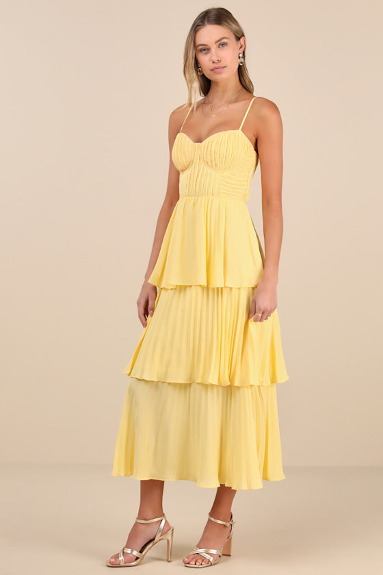 Cascading Crush Light Blue Tiered Bustier Midi Dress