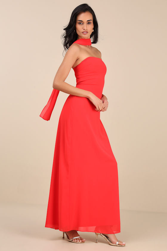 Rawya Red Orange Strapless Maxi Dress and Scarf Set #Color_Red Orange