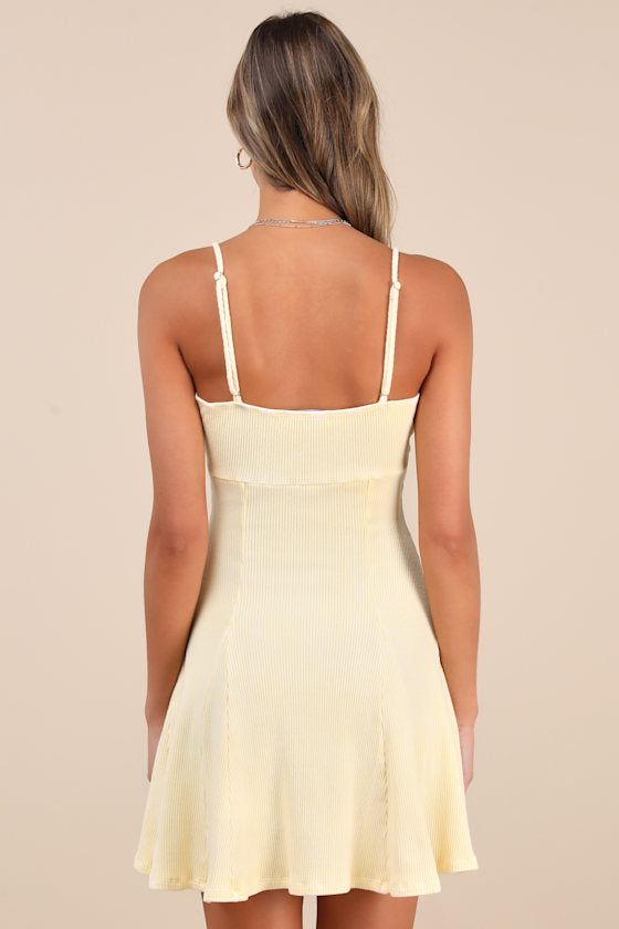 Simply Pretty Washed Yellow Ribbed Pleated Sleeveless Mini Dress #Color_Washed Yellow