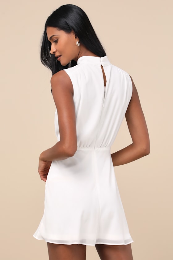 Classic Elegance White Chiffon Sleeveless Mock Neck Mini Dress #Color_White