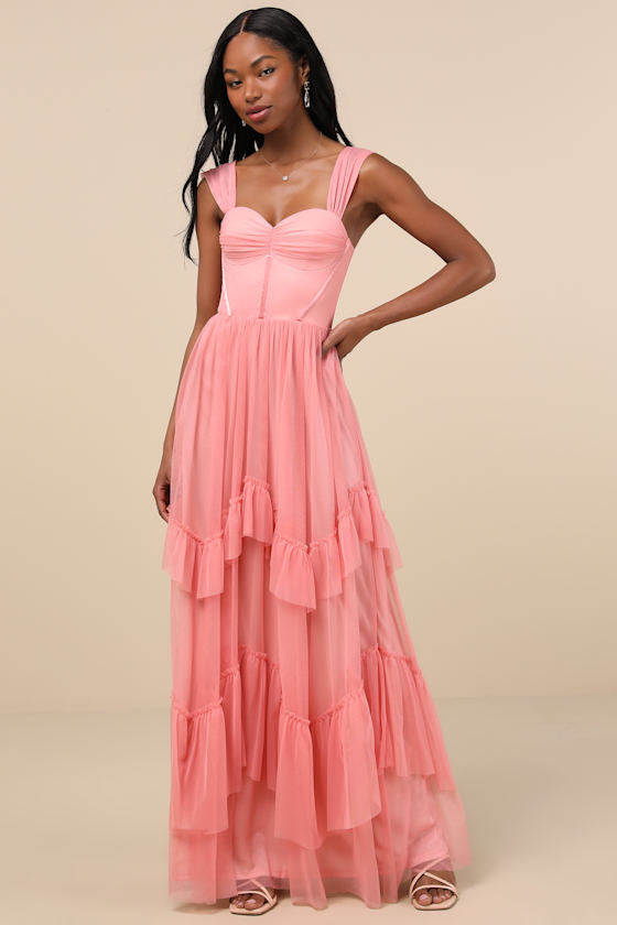 Stunning Personality Pink Mesh Off-the-Shoulder Maxi Dress #Color_Pink