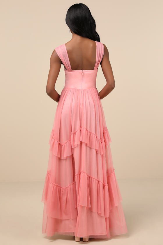 Stunning Personality Pink Mesh Off-the-Shoulder Maxi Dress #Color_Pink