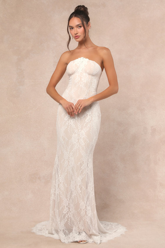 Valeria White Lace Strapless Bustier Maxi Dress #Color_White