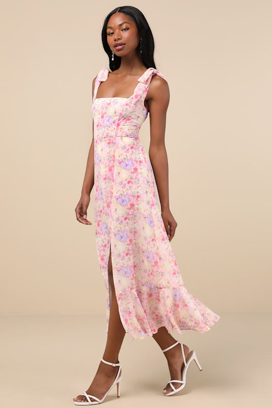 Summer Invite White and Pink Toile Tie-Strap Tiered Midi Dress