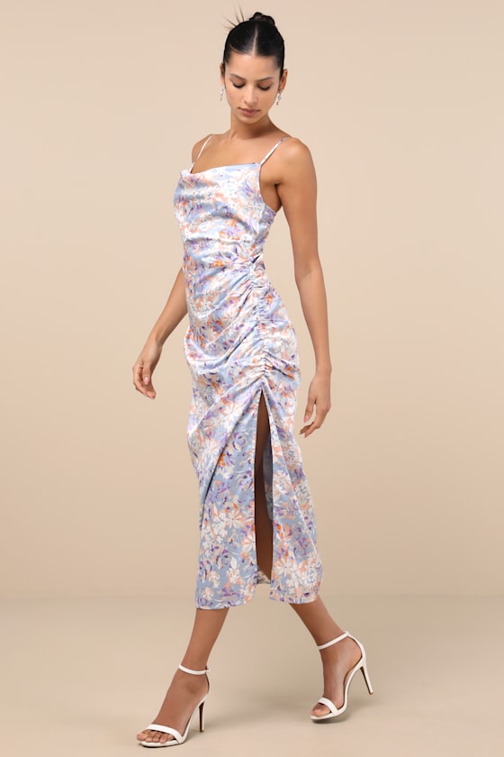 Truest Romance Slate Floral Print Sleeveless Ruched Midi Dress #Color_Slate Floral Print