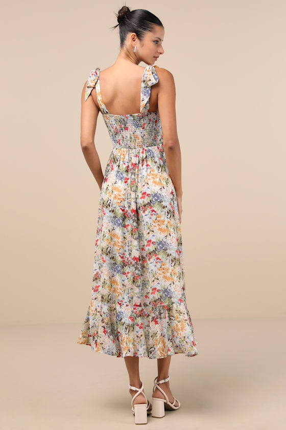Summer Invite White and Pink Toile Tie-Strap Tiered Midi Dress