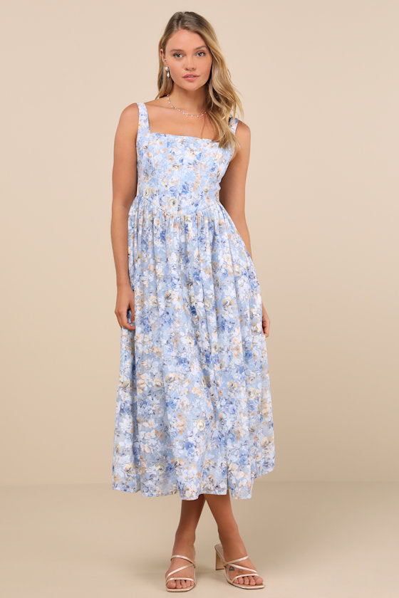 Colwyn Light Blue Floral Jacquard Bustier Midi Dress #Color_Light Blue Floral