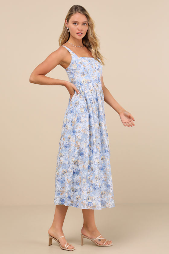 Colwyn Light Blue Floral Jacquard Bustier Midi Dress #Color_Light Blue Floral
