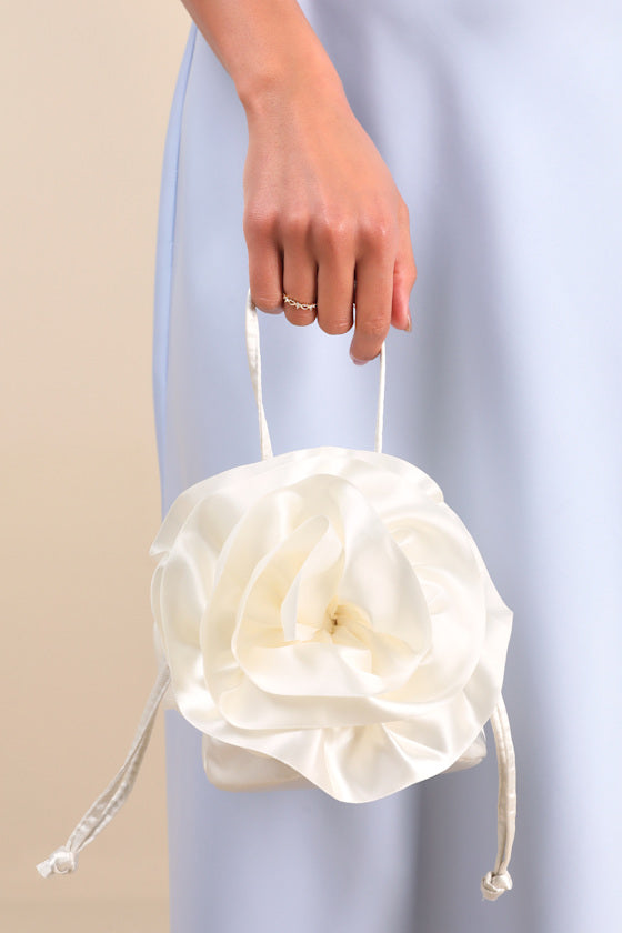 Reeta Ivory Satin Rosette Bucket Bag #Color_Ivory