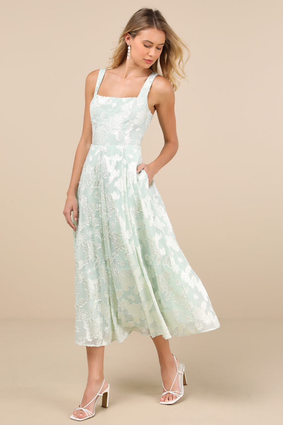 Loira Mint Burnout Jacquard Lace-Up Midi Dress #Color_Mint