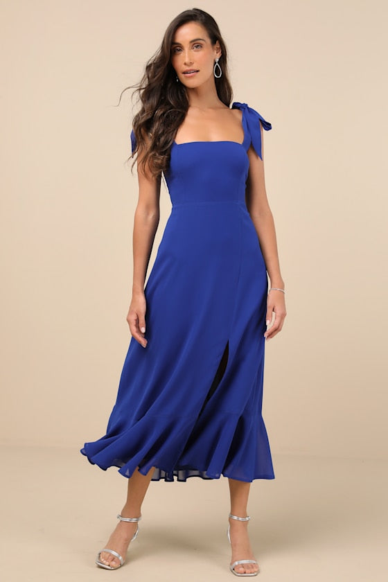 Summer Invite Royal Blue Tie-Strap Tiered Midi Dress #Color_Royal Blue