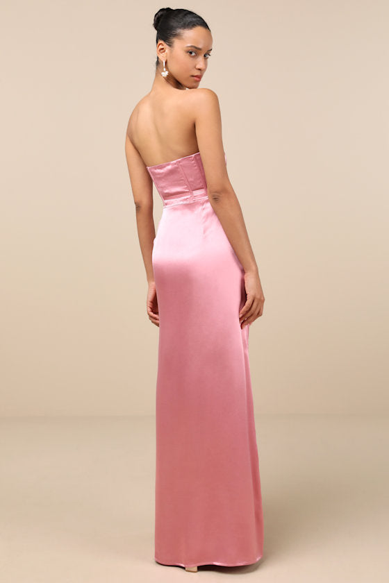 Extraordinary Presence Rust Brown Satin Strapless Maxi Dress