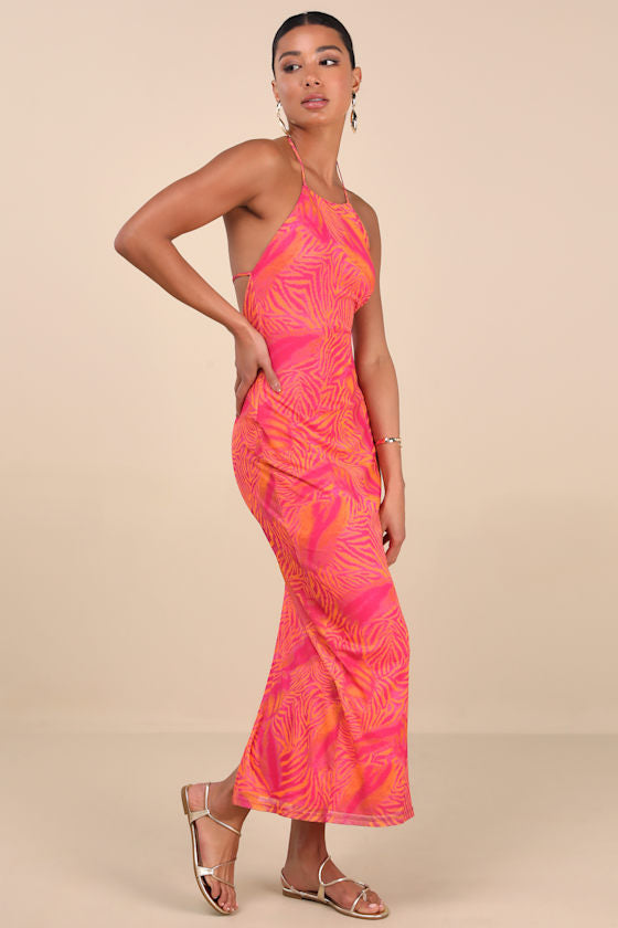 Camadi Hot Pink Animal Print Mesh Backless Midi Dress #Color_Hot Pink Animal Print