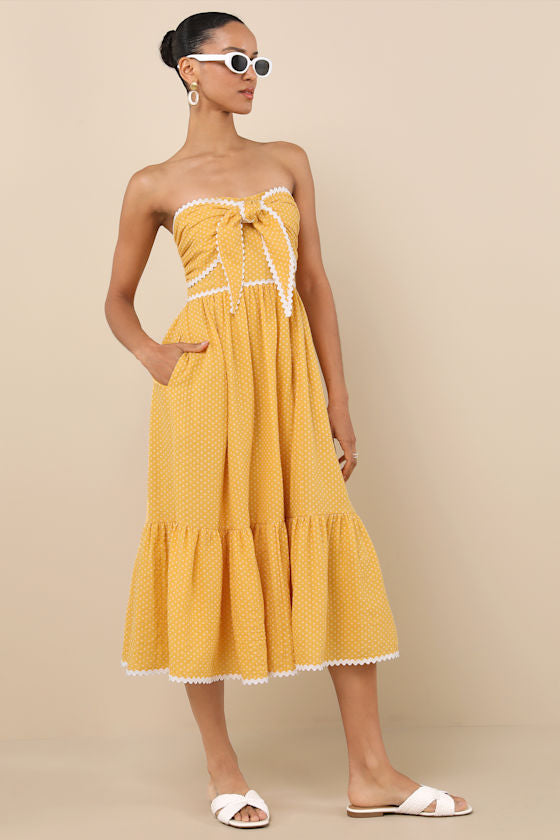 Delightful Design Yellow Polka Dot Midi Dress With Pockets #Color_Yellow Polka Dot