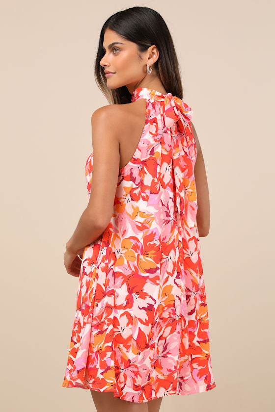 Tied Back To You Red and Pink Floral Print Mini Shift Dress #Color_Red and Pink Floral Print