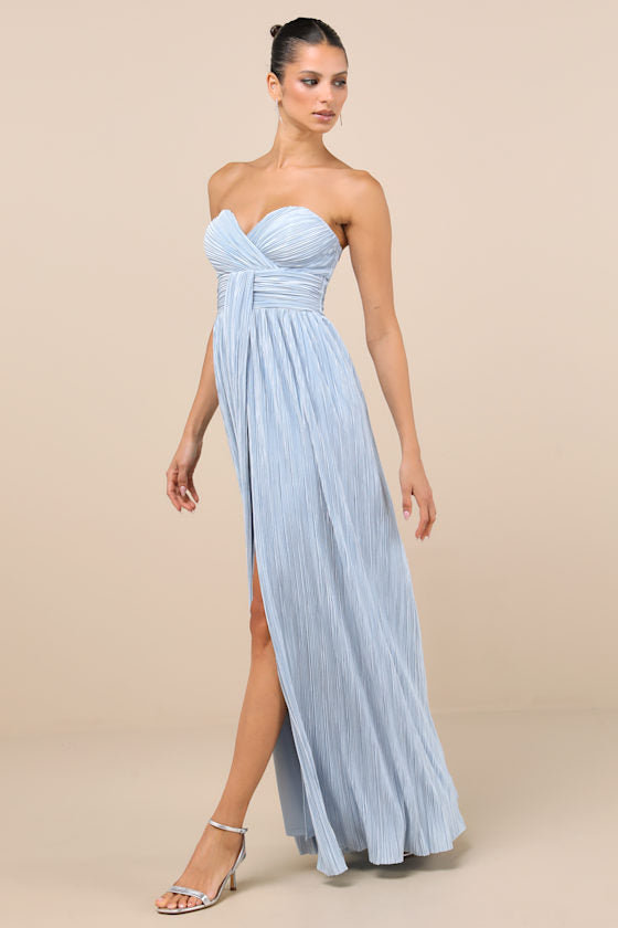 Oswin Light Blue Satin Plisse Strapless Maxi Dress #Color_Light Blue