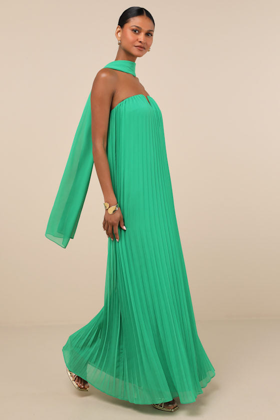 Lael Green Pleated Strapless Dress and Scarf Set #Color_Green