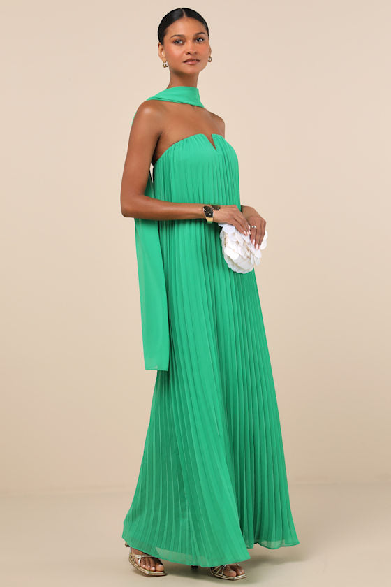 Lael Green Pleated Strapless Dress and Scarf Set #Color_Green