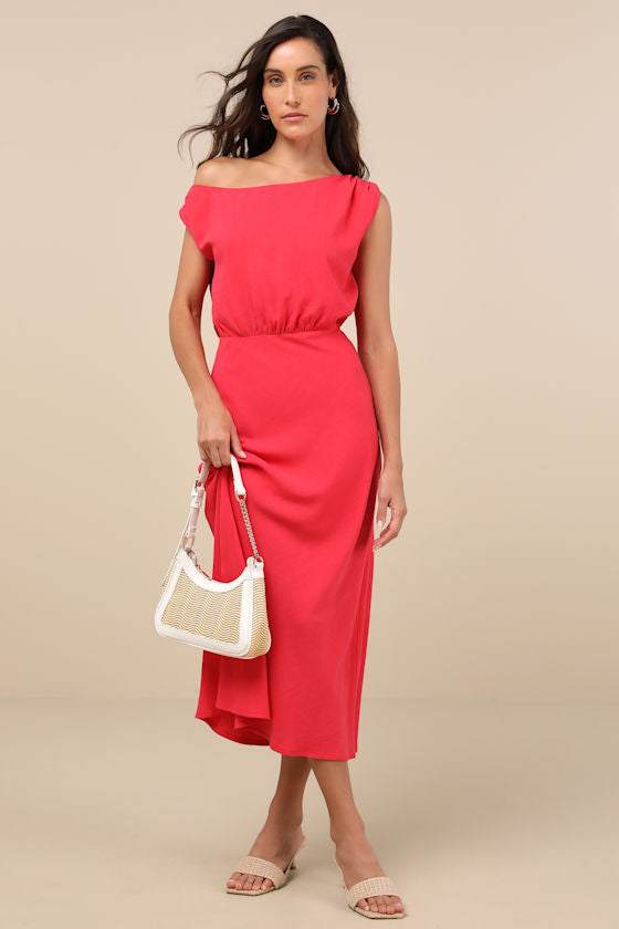 Casual Enchantment Red Linen Off-the-Shoulder Midi Dress #Color_Red