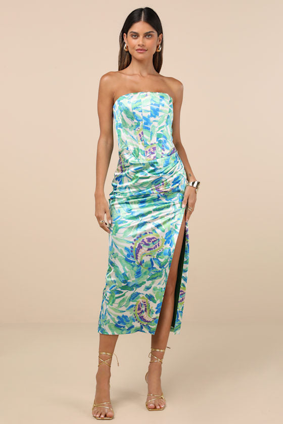 Deasia Green and Blue Floral Bustier Midi Dress #Color_Green and Blue Floral
