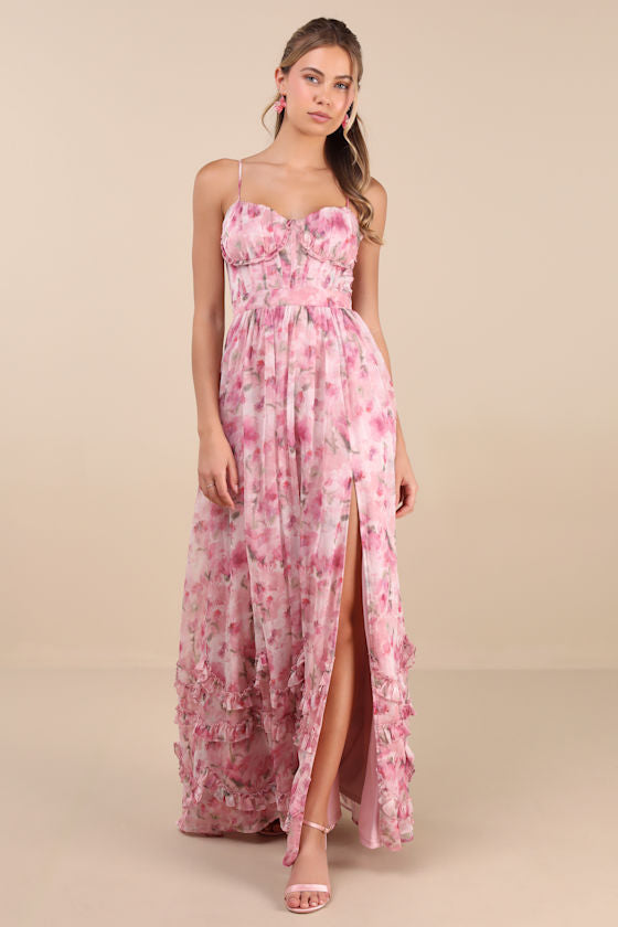 Novella Pink Floral Ruffled Bustier Lace-Up Maxi Dress #Color_Pink Floral