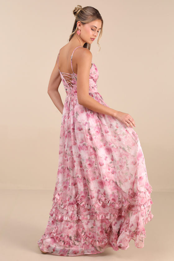 Novella Pink Floral Ruffled Bustier Lace-Up Maxi Dress #Color_Pink Floral