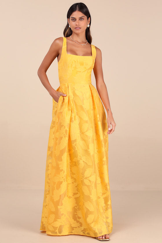 Perfected Aura Yellow Jacquard Tie-Back Maxi Dress with Pockets #Color_Yellow